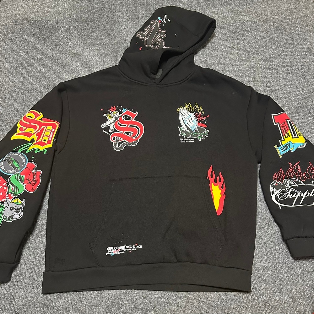 Supply & Demand NYC Graphic Hoodie Black Mens Large Streetwear Multi-Color Print